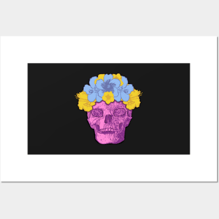 Pink Skull with Blue and Yellow Flower Crown Posters and Art